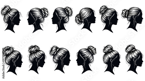 Collection of twelve black and white silhouette illustrations of women's hairstyles featuring various messy buns and updos, shown in profile view.