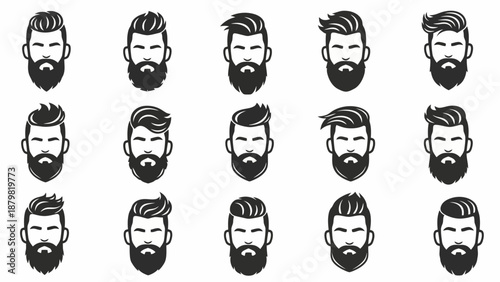 Collection of diverse beard styles and hairstyles for men, presented in a clean, graphic illustration.