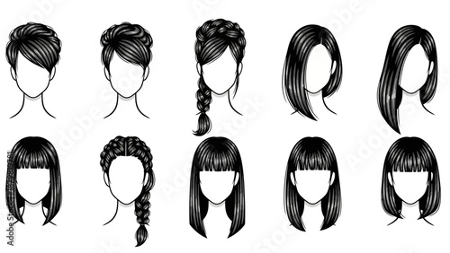 Collection of diverse hairstyles for women, showcasing various updos, braids, and cuts.