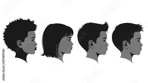 Four children's profiles in black and white, showcasing diverse hairstyles and facial features, presented in a side-view illustration.