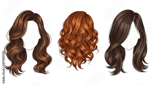 Three distinct women's hairstyles or wigs, featuring long wavy brown, medium curly auburn, and medium wavy dark brown hair, isolated on a white background.
