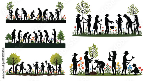 A set of people gardening silhouettes, planting trees, watering flowers, holding a shovel, wearing sun hats, active lifestyle, solid black, isolated on white background, spring hobby concept.