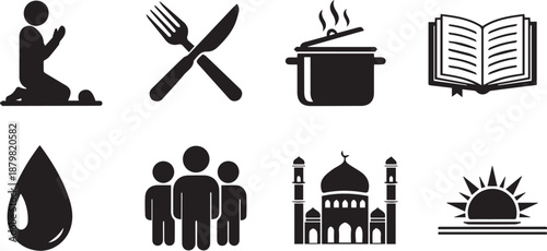 Ramadan kareem islamic symbols and icons fasting prayer charity