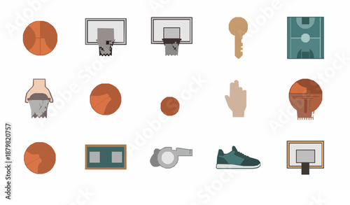 Basketball flat icon vector set with streetball sport symbols and minimal design collection