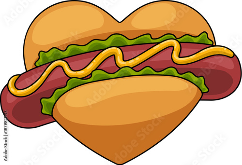 Love of hot dog concept illustration. Heart shaped bun with sausage, mustard. Romantic fast food image for Valentine themes, menus, street food blogs, restaurant cafe poster artwork design branding