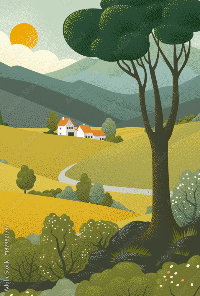 Obraz premium Fields rolling hills and mountains farm landscape background illustration with countryside mountains, sunrise sun, clouds and trees. Original rural background drawing in vintage pointillism dot style