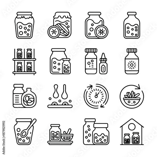 Fermented Foods & Probiotics Icon Set – Minimal Line Jar Illustrations