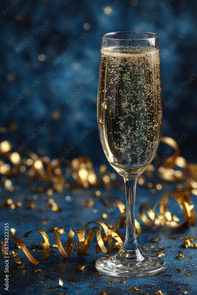 Obraz premium Champagne glass with golden bubbles and festive ribbons for celebration and party moments
