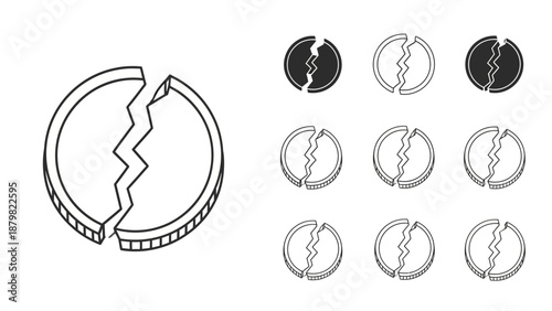 Vector illustration of a broken coin icon set, depicting financial crisis or bankruptcy.