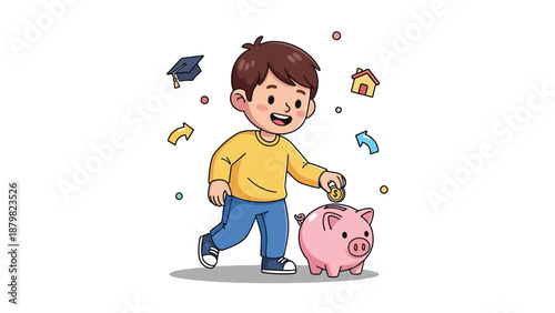Boy Saving Money in Piggy Bank for Future Goals Illustration.