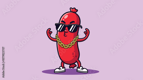 Cool Sausage Character Wearing Sunglasses and Gold Chain Illustration.