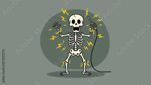Cartoon Skeleton Electrocuted with Lightning and Wires.