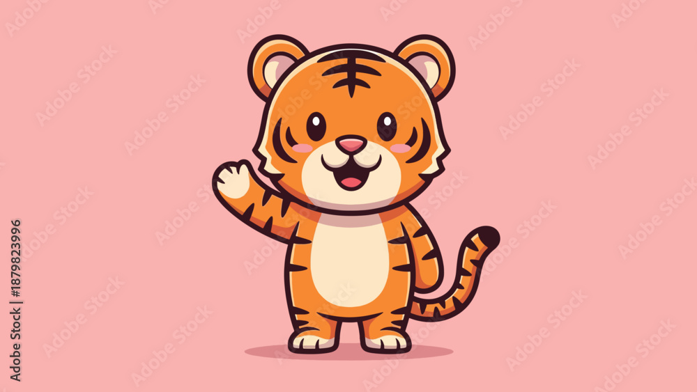 Fototapeta premium Cute Cartoon Tiger Waving Hello.