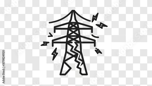 A black and white line art icon depicting an electricity pylon with lightning bolts, symbolizing power transmission or an electrical issue.
