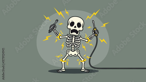 Skeleton electrocuted holding wires with sparks flying.