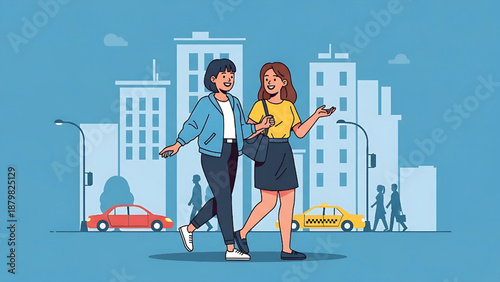 Two cheerful women enjoying a friendly conversation while walking on a modern city street, capturing urban companionship and lively metropolitan experience