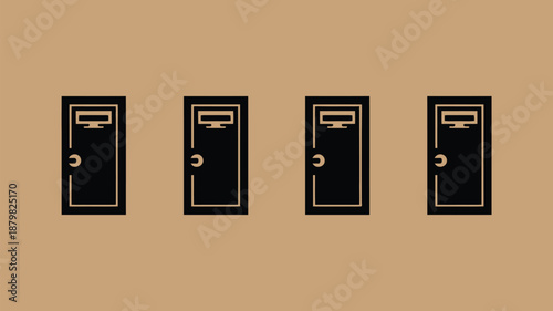 Four identical black doors