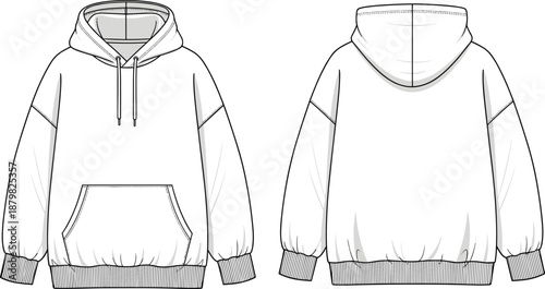 Hoodie mockup front and back view, fashion flat illustration, blank pullover sweatshirt, technical apparel vector template for branding and printing