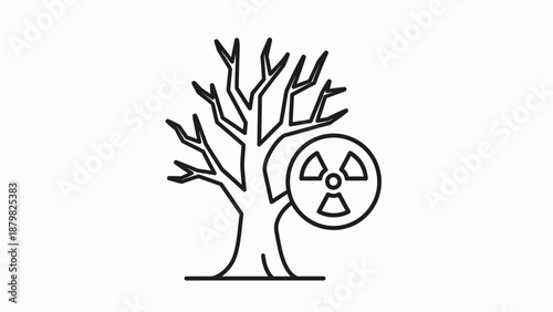 Line art illustration of a dead, leafless tree with a radiation warning symbol, representing environmental contamination and nuclear danger.