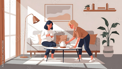 A heartwarming scene of two friends sharing a peaceful afternoon tea in a bright, contemporary home living room, fostering connection and comfort