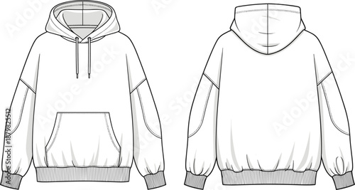 Men hoodie vector illustration, fashion technical flat, front and back view, sweatshirt design template, drawstring hood, pocket detail adobe stock