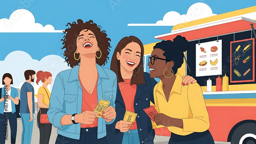 Group of diverse friends enjoying food from a food truck on a sunny day, sharing a laugh and a good time together