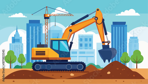Excavator working on urban construction site with cityscape background