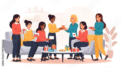 A heartwarming gathering of diverse women celebrating together, joyfully exchanging thoughtful presents and gifts, symbolizing friendship and shared happiness