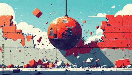 Demolition ball smashing through red brick wall with explosive effect