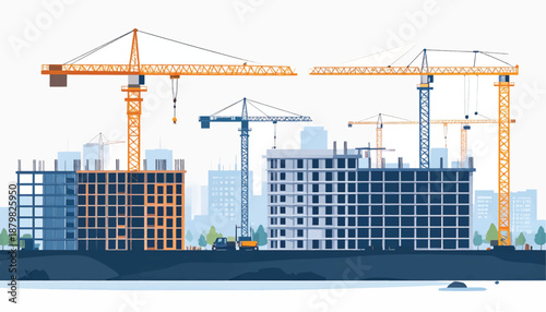 Construction site with cranes building modern cityscape