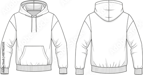 White hoodie front and back view vector illustration blank sweatshirt mockup template for apparel design fashion branding print and merchandise