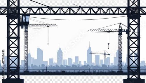 Construction cranes building modern city skyline with steel framework