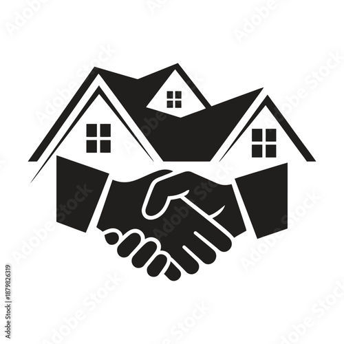 Real estate agreement: handshake under houses symbolizing property deal or partnership