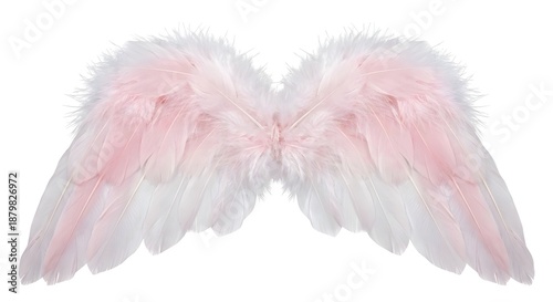 Small angel wings made of white and pink feathers isolated on pure white background, valentines day accessory, ai generation