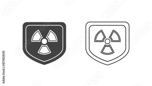 Two shield icons with a radiation warning symbol, one solid black and one outline, representing nuclear safety, danger, and protection.