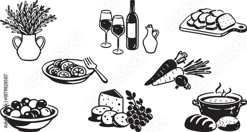 Mediterranean Food and Wine Vector Illustration Set: Rustic Italian Cuisine Icons and Dining Elements
