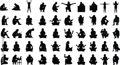 Human silhouette sitting poses collection showing meditation, thinking, working and emotional gestures isolated on white background for design use