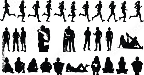 People silhouette collection featuring running, standing, sitting, relaxing and social interaction poses isolated on white background for design projects