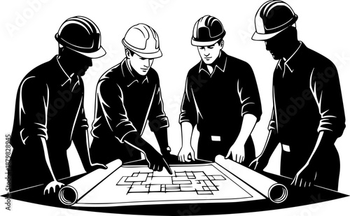 , Four construction workers in hard hats reviewing blueprints and plans silhouette
