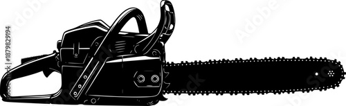 black and white silhouette of a chainsaw machine on a white background
