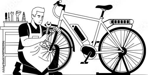 Electric bicycle mechanic man repairing e-bike in workshop vector icon
