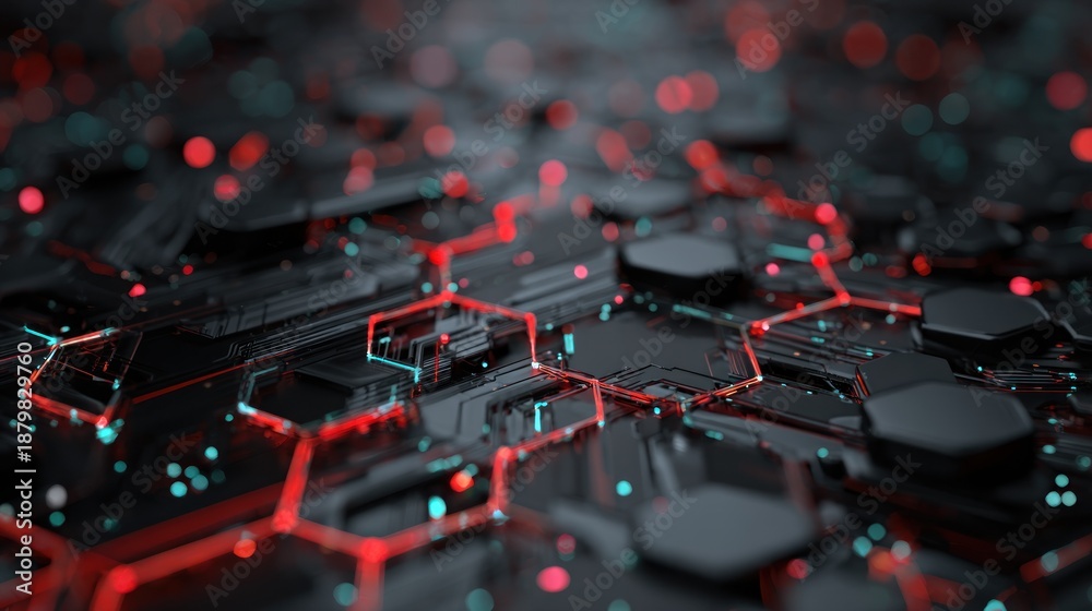 Fototapeta premium Abstract digital data network graphic background in dark shades with red accents