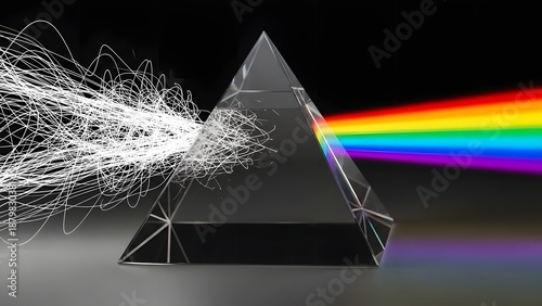 A glass prism refracts a tangled knot of chaotic white lines into a streamlined spectrum of rainbow colors, symbolizing the profound shift from confusing complexity to organized clarity