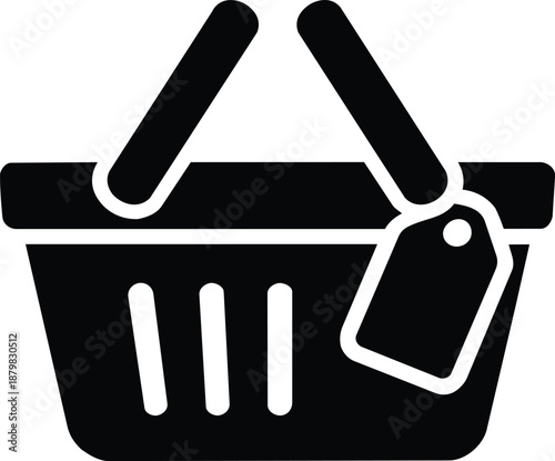 Shopping basket with discount price tag black and white vector icon for store sale promotion and ecommerce