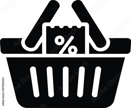 Shopping basket discount coupon icon black and white vector illustration for store sale promotion and retail offer