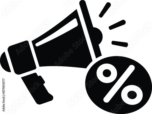Black and white megaphone with discount percent sign icon for store sale promotion and special offer announcement vector illustration