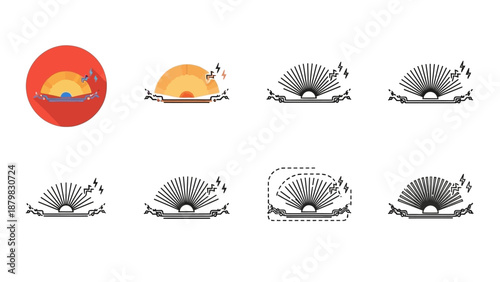 Eight variations of an oyster shell icon with a shining pearl inside, showcasing different styles from colored to monochrome outlines and pixel art.