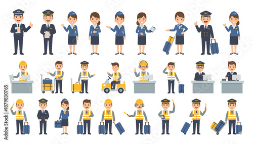 Aviation Staff and Airport Worker Illustration Set Featuring Pilots, Flight Attendants, Ground Crew, Check-In Agents, Baggage Handlers and Service Personnel