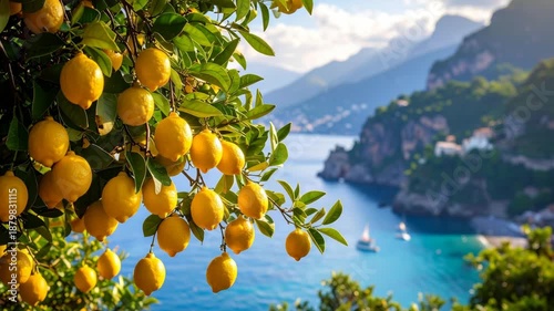 Ripe lemons hanging on a tree against the backdrop of a picturesque seascape with mountains, coastal cliffs, boats and clear blue water.