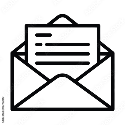 Simple line art icon of open envelope with letter inside icon